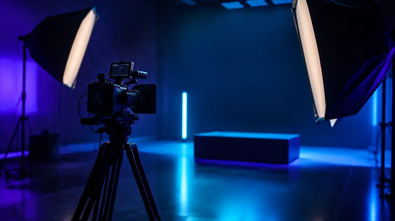 Ad-shoot studio with camera and softbox lights